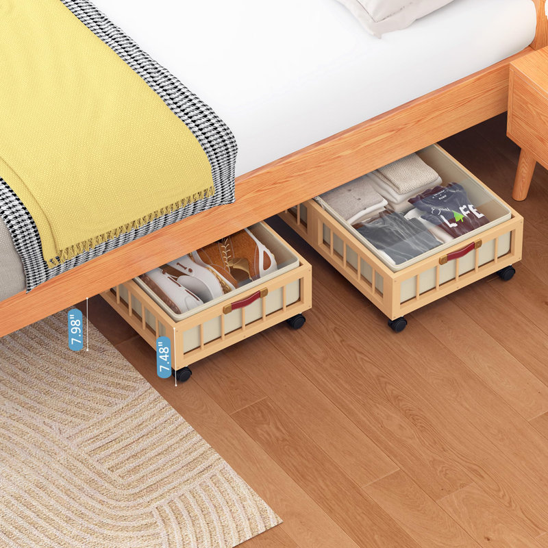 Ensemble de 2 contenants de rangement sous le lit en bambou avec roulettes, panier de rangement sous le lit avec grand sac à poussière, rangement sous le lit, nature