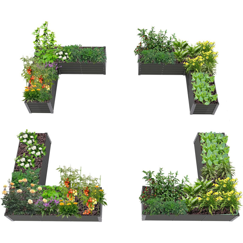 Boîte de 4 bacs à fleurs surélevés rectangulaires en L en métal gris pour la plantation de légumes (L 74 po x l 74 po x H 18 po)
