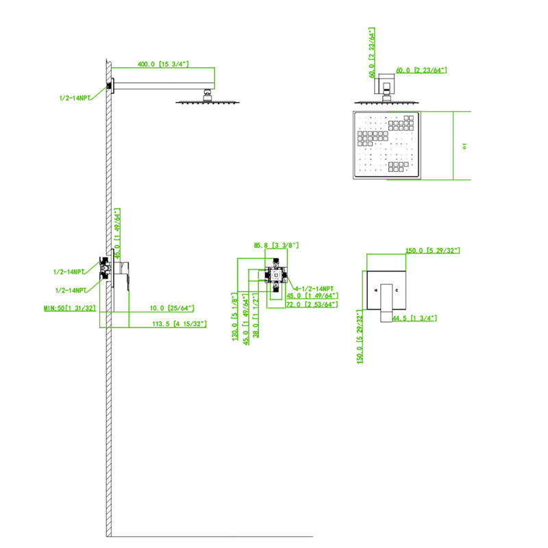 Robinet de douche mural, nickel brossé - laiton, valve incluse