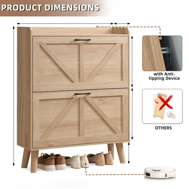Shoe Cabinet Storage for Entryway with 2 Flip Drawers Rack Narrow Organizer Slim Hidden Wood Shoe Cabinet Furniture, Natural