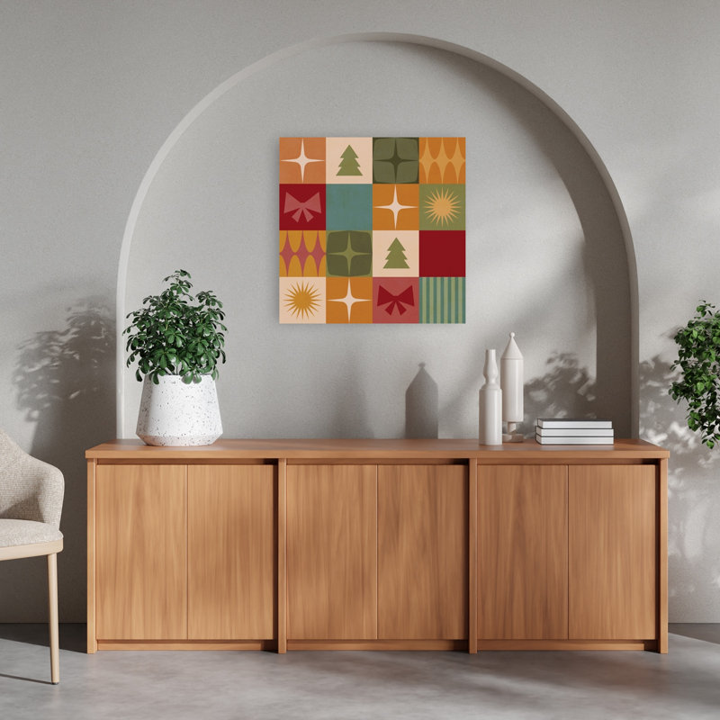 Impression d'art mural avec motif de Noël abstrait et coloré géométrique style années 50, sapin de Noël et paysage d'hiver