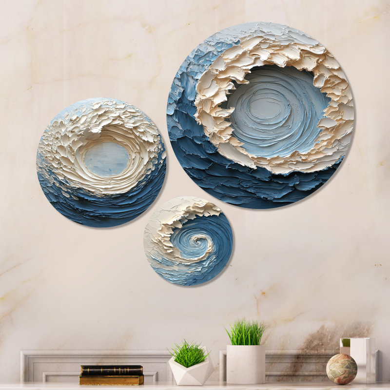 Vortex océanique blanc accentué de bleu I - Ensemble de 3 décorations murales à imprimé géométrique en métal