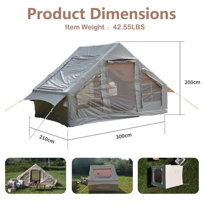 Tente de camping gonflable, tente d'installation portable résistante à l'eau avec fenêtres en filet et pompes beige