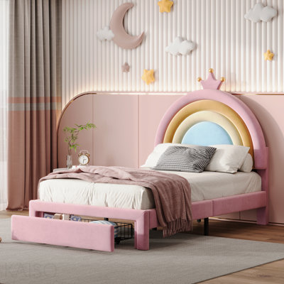 Lit simple tapissier arc-en-ciel, lit plateforme en velours avec tiroir de rangement, aucun sommier nécessaire, coloré et rose