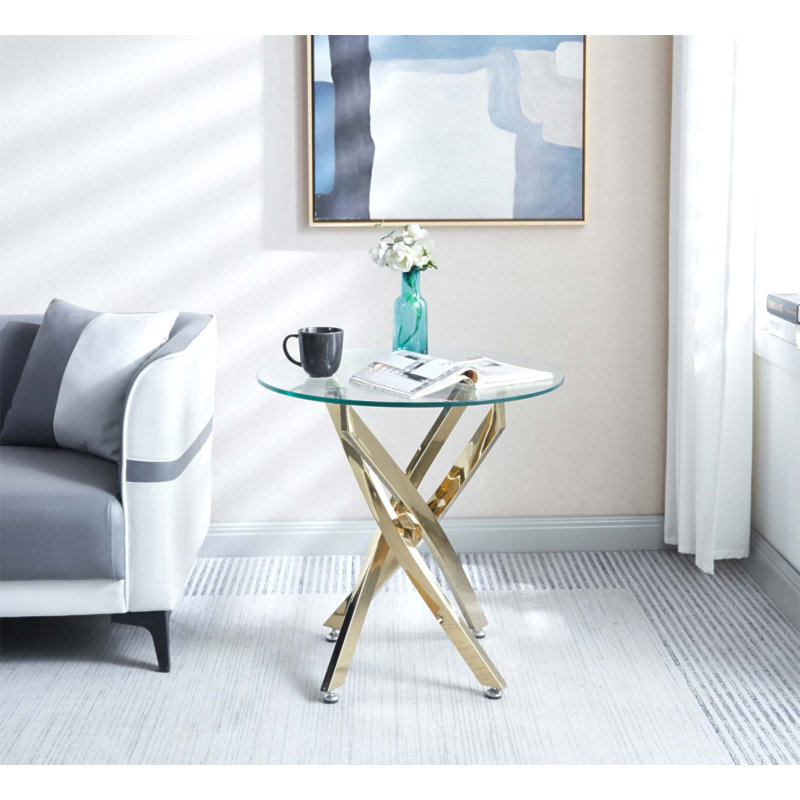 Table de bout moderne en verre trempé avec pieds élégants en acier inoxydable, parfaite pour les espaces de vie contemporains