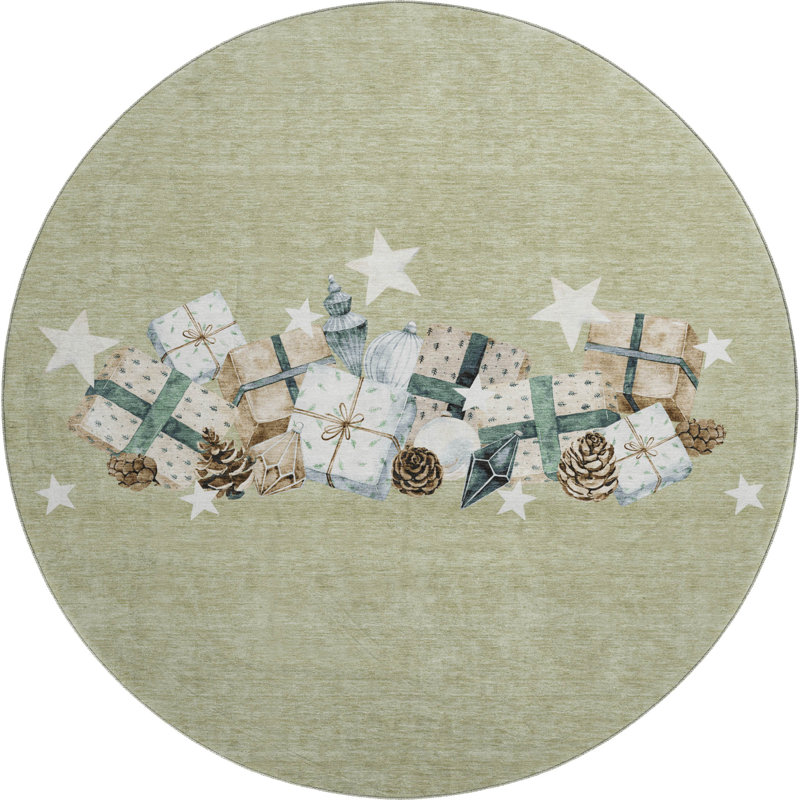 Premium Machine Washable Castillon AMF1825 Stars and Presents Holiday Rug, Round 8'