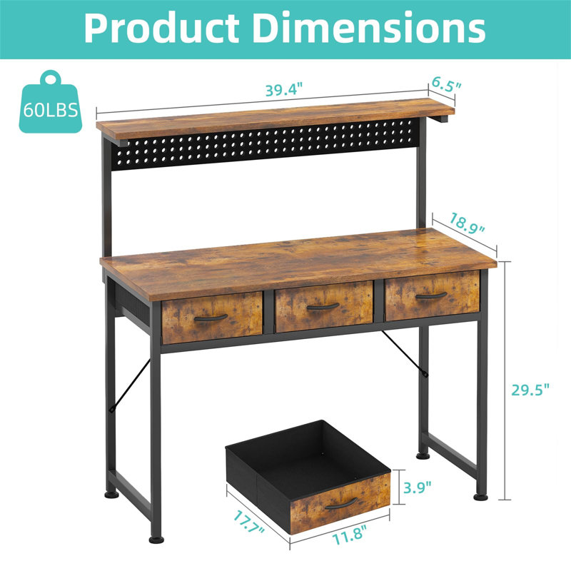 Metal Base Computer Desk with Power Outlet, Brown/Black