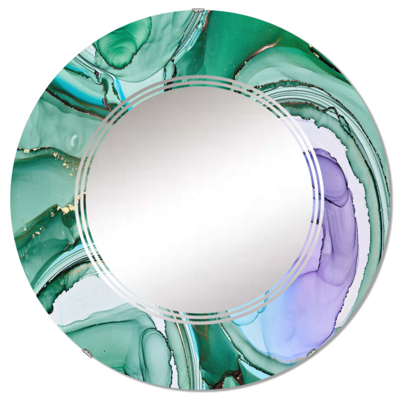 Vert et mauve luxueux abstrait Art fluide I - miroir mural moderne, 24 po x 24 po