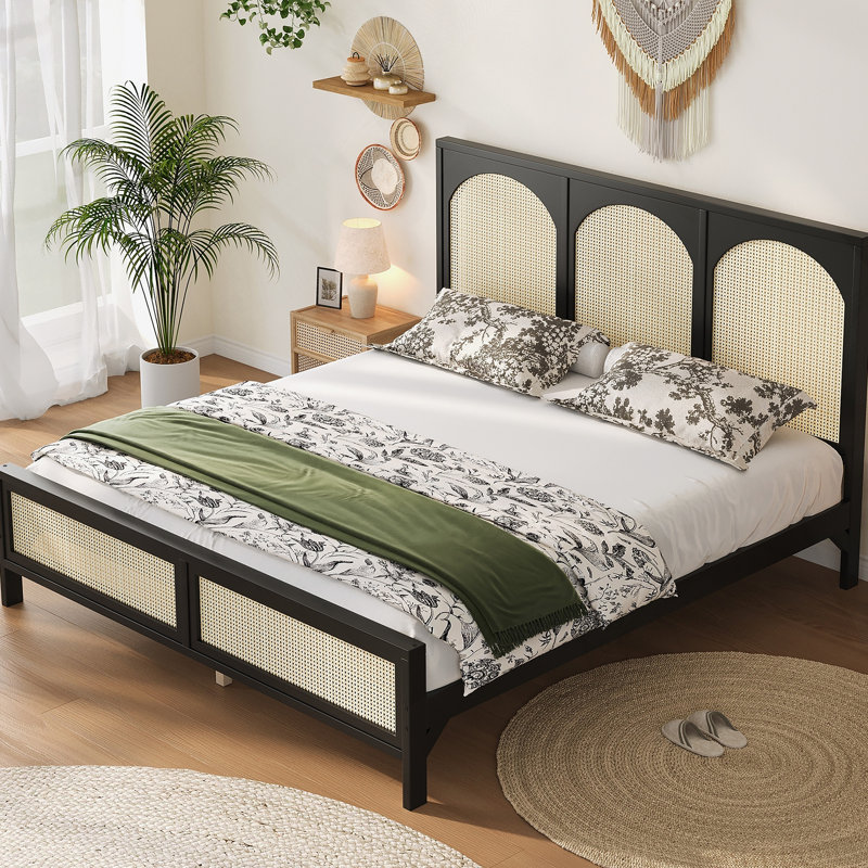 Lit plateforme en bois avec tête et pied de lit en rotin, Noir, Grand lit