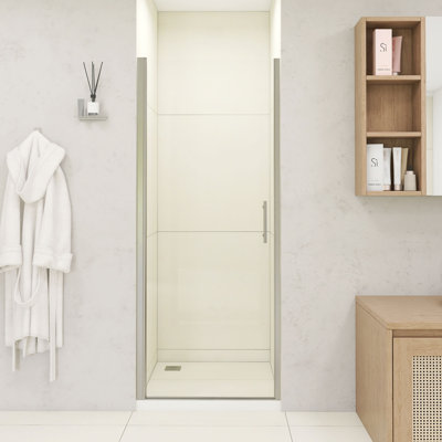 Porte de douche pivotante l 30 po x H 72 po - Verre trempé de 1/4 po (6 mm) avec film antidéflagrant, poignée en acier inoxydable, demi-cadre en aluminium nickel brossé, design minimaliste moderne