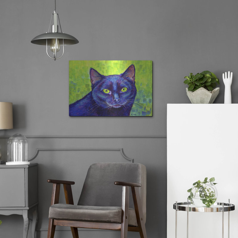 Luxe Cat «Black Cat With Chartreuse Eyes» par «Black Cat With Chartreuse Eyes» par Rebecca Wang Art, H 16 po x l 24 po