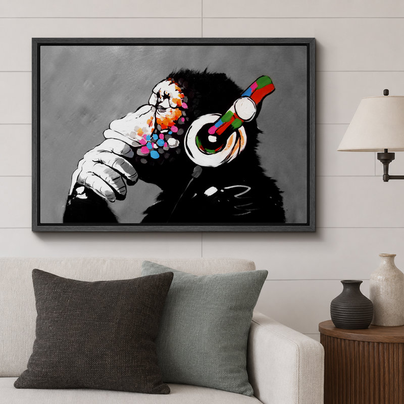 Pop Urban Street "Banksy Thinge Monkey With Head écouters, H 24 po x l 36 po, Reproduction avec cadre flottant, Noir