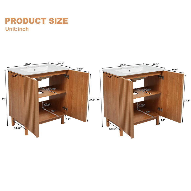 Meuble-lavabo double Kenley de 152 cm (59,8 po) en noyer américain avec comptoir en céramique blanche, portes à persiennes et rangement à fermeture amortie