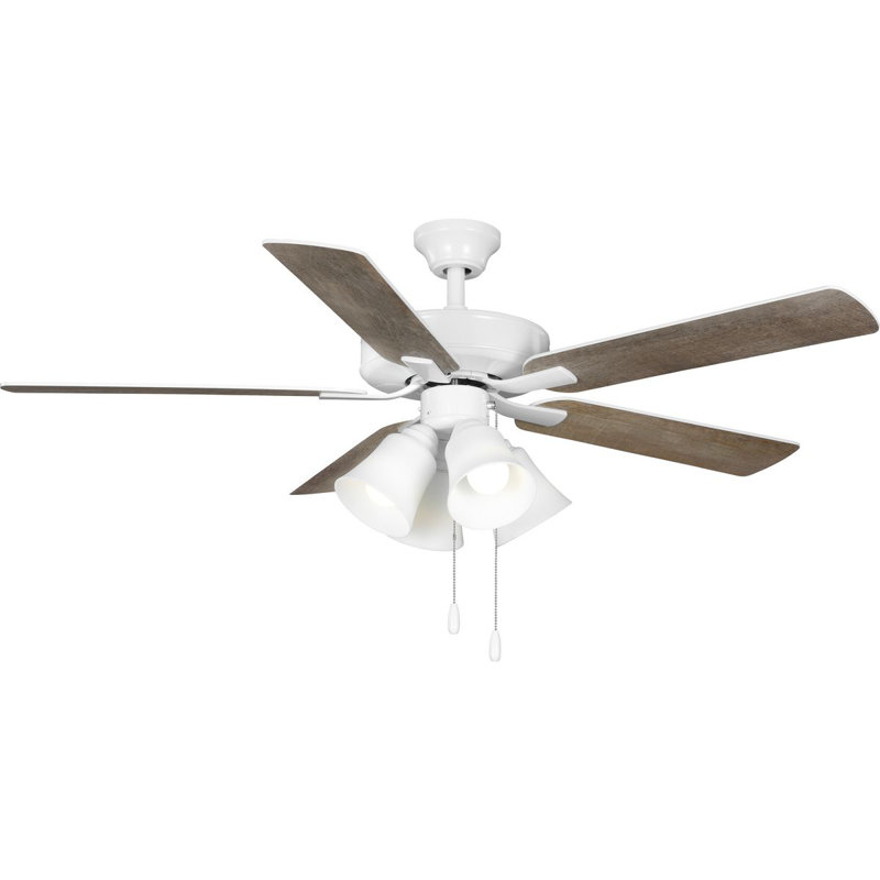 Ventilateur de plafond standard à 5 pales de 52 po avec chaîne de traction et ensemble d'éclairage inclus, Blanc