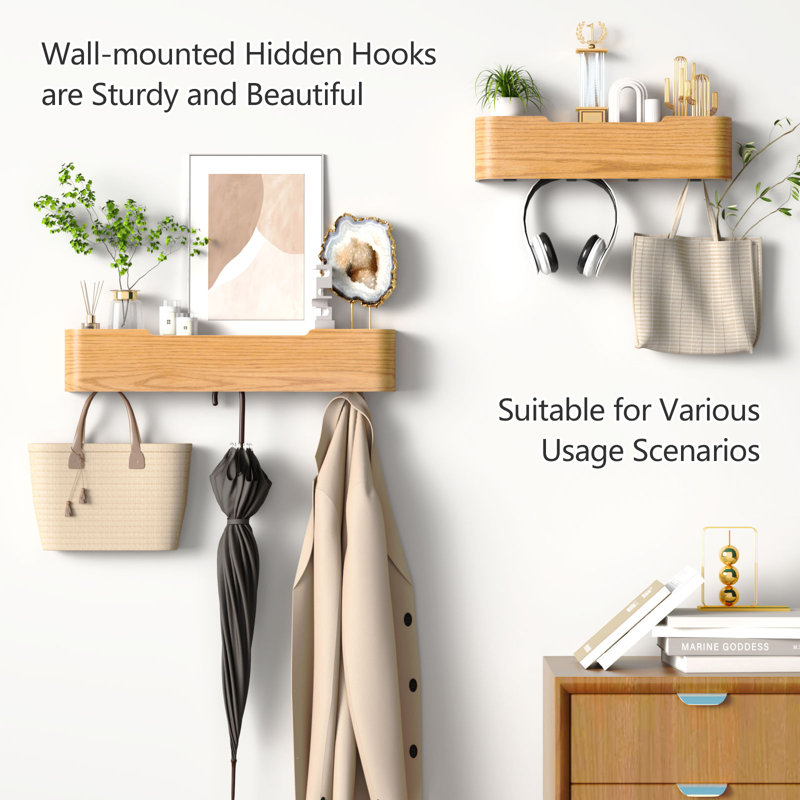 Modern Wood Coat Rack with Hidden Hooks and Entryway Hanging Shelf for Bedroom, Kitchen, Hallway, and Bathroom