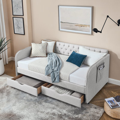 Lit de jour rembourré avec lit gigogne et deux tiroirs de rangement, accoudoirs plats avec poche, lit de jour extensible pour le salon de la chambre à coucher, lin