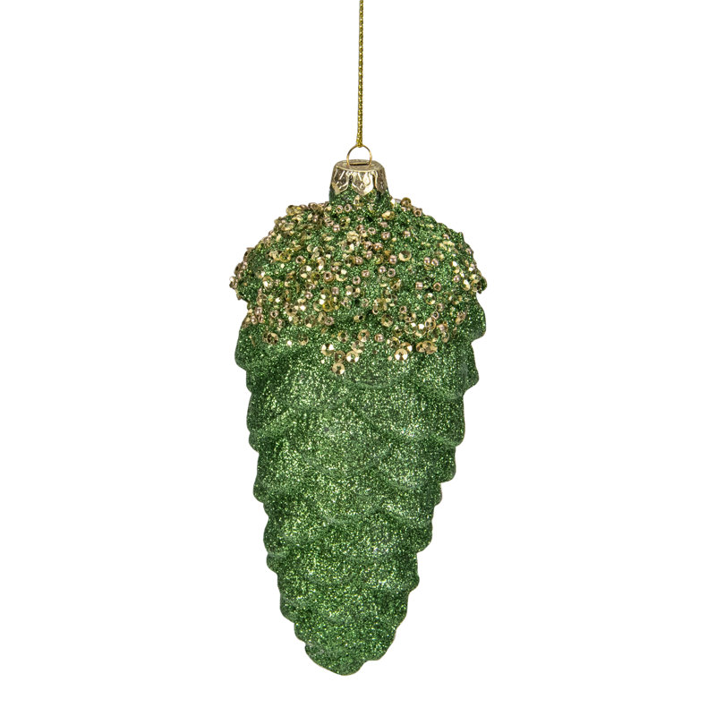 Ornement de Noël 5,5 po en forme de pomme de pin perlée scintillante verte et dorée
