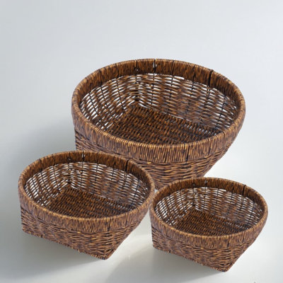 A Three-Piece Set Of Large, Medium And Small Sizes,Coffee-Colored,Handwoven Bread Basket - Durable PP Material Fruit Storage Bin For Kitchen, Eco-Friendly Home Organization With Smooth Texture, Scratch-Resistant, Easy To Clean & Mold-Proof