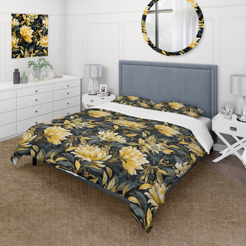 Yellow And Blue Tropical Floral Pattern - Ensemble de housse de couette tropical