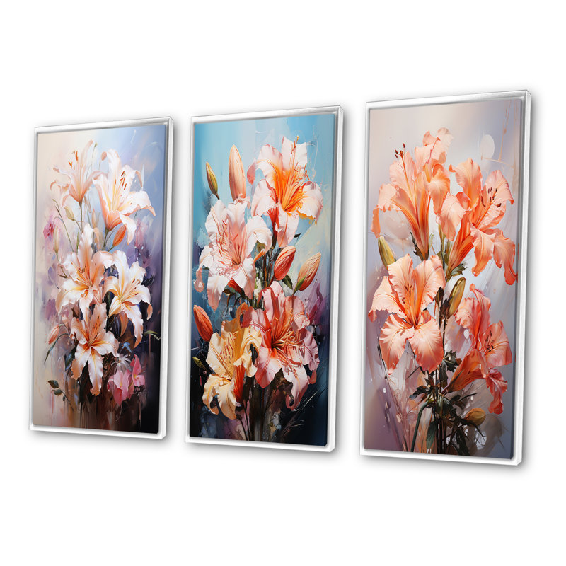 «Pink Lilies Romantic Impression», 3 pièces sur toile, Cadre flottant blanc, H 28 po x l 36 po