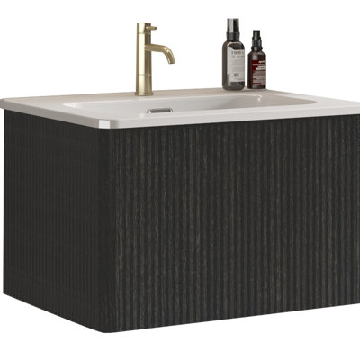 24" Floating Bathroom Vanity - Striped Brushed Black Oak, White Ceramic Sink Beauty Oak Finish, Grandeur