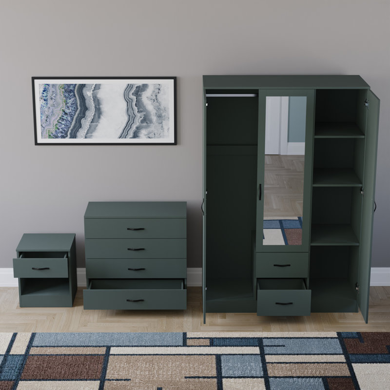 Maybery 3 Piece Bedroom Set (1 Drawer Bedside Chest, 4 Drawer Chest, 3 Door 2 Drawer Mirrored Wardrobe), (5), Green