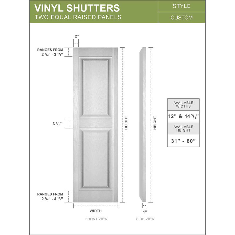 Mid-America Vinyl, Custom Two Equal Panels, Raised Panel Shutters, w/Installation Shutter-Lok's