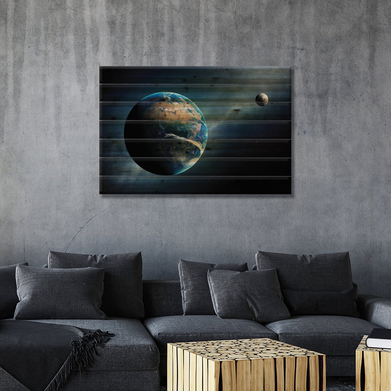 Earth And Moon Space View by Johan Swanepoel - Unframed Graphic Art on Wood, 18'' H x 26'' W x 1.5'' D