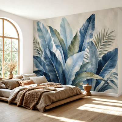 Wall Mural Peel and Stick Wallpaper Designer Tropical Bahamian Breeze Collection Azure Palm Leaves Banana Self-Adhesive Removable Contact Paper Wall Decor for Living Room Bedroom 100"H x 144"W