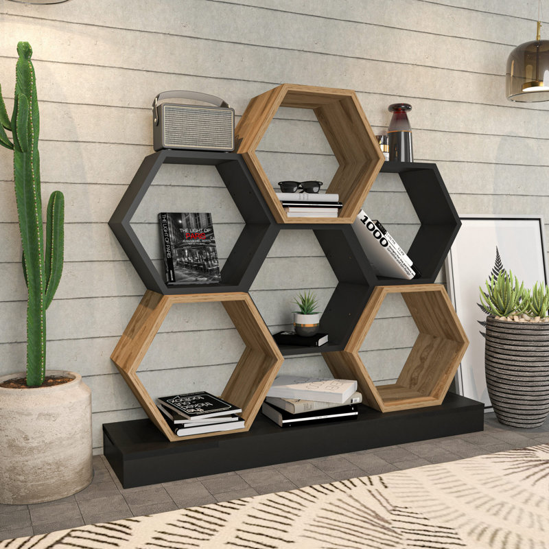 Bibliothèque moderne géométrique, noir et chêne, 47,2 x 11,6 x 42,9 pouces | 100% panneau de particules enduit de mélamine, épaisseur: 0,7 pouce | Solution de rangement élégante pour la maison ou le bureau, design durable et élégant
