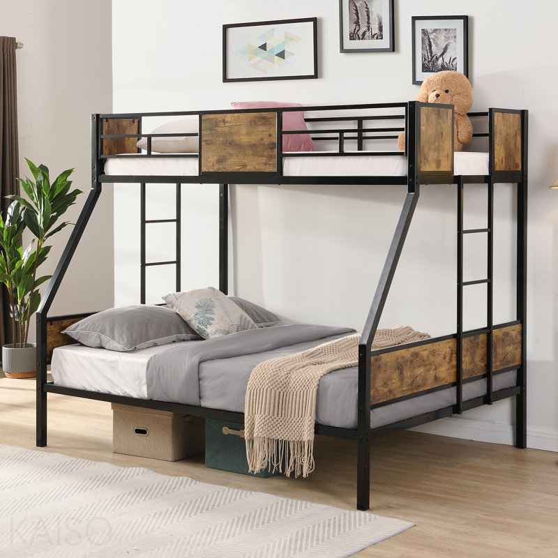 Lit superposé simple au-dessus d'un lit double en métal avec échelle à 2 côtés et garde-corps sur toute la longueur, sans sommier, grand rangement sous le lit, assemblage facile, noir et brun