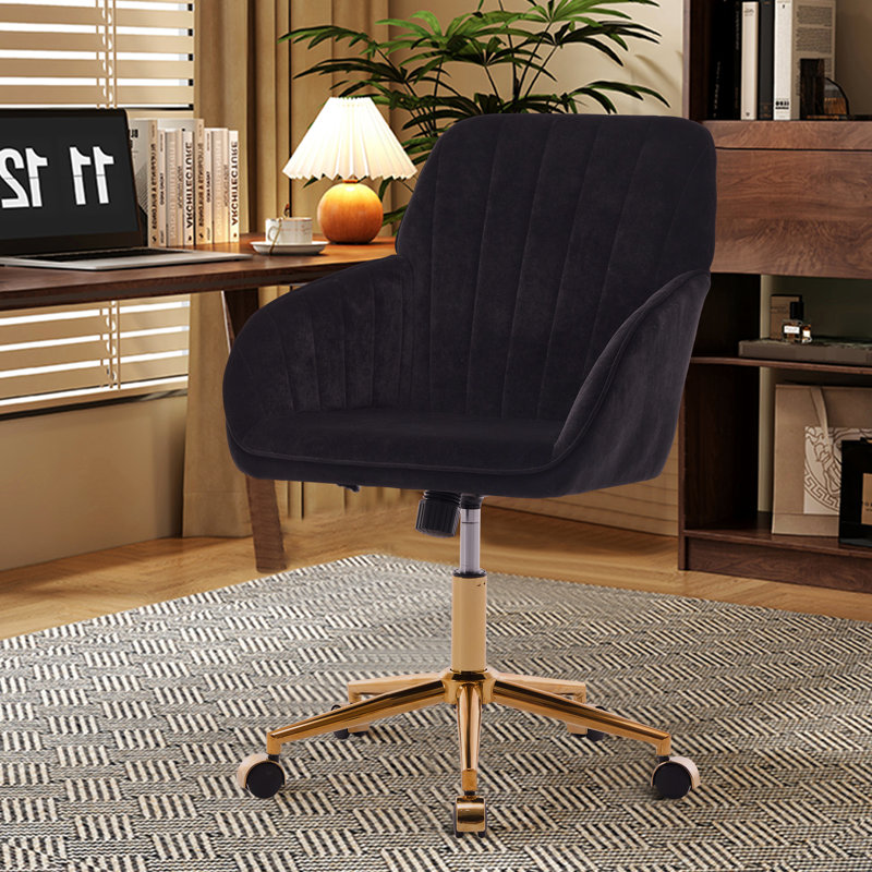 Fauteuil ergonomique Ty pour la maison, la chambre ou le bureau - Velours noir, coussin moelleux, base dorée stable, fauteuil pivotant confortable et réglable