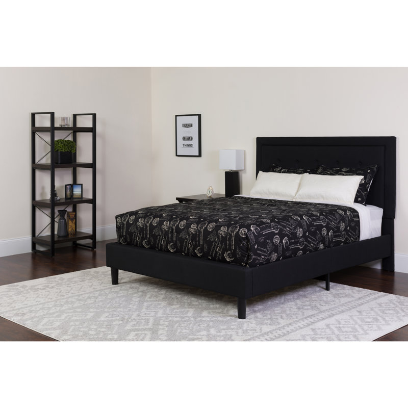 Aluino Panel Tufted Platform Bed and Memory Foam Pocket Spring Mattress, Queen, Black