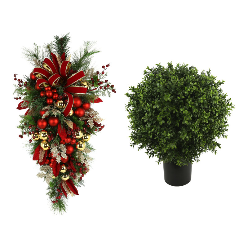 Holiday Door Swag and UV Rated Boxwood Drop-In