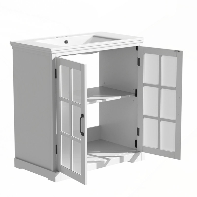 Meuble-lavabo pour salle de bain avec verre trempé flou et lavabo en céramique durable pour salle de bain, Blanc