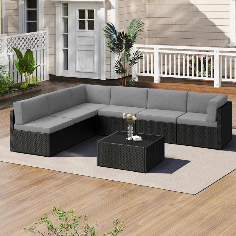 Ensemble de conversation modulaire en rotin 7 pièces avec coussins Emilienne, Noir, Gris