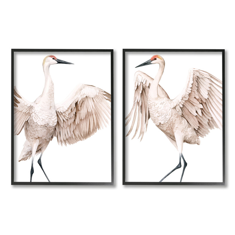 Illustration d'une simple grue blanche à ailes ouvertes par Grace Popp - ensemble de 2 peintures, Giclée encadrée noir minuit