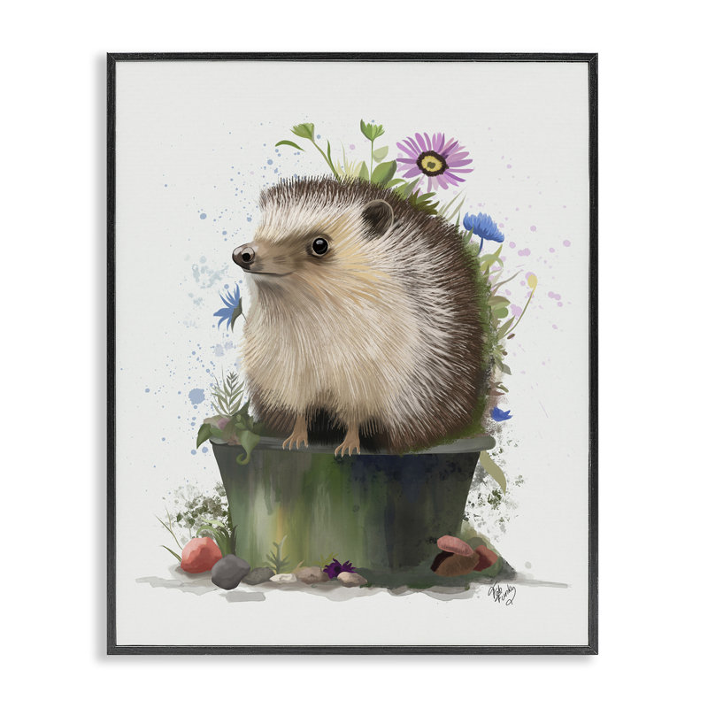 Hérisson dans un pot de jardinage, estampe numérique encadrée par Fab Funky, H 20 po x l 16 po, Giclée encadrée noir minuit