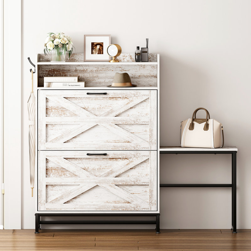 Armoire à chaussures d'entrée blanche, 2 tiroirs rabattables, fentes réglables, rétro rustique, basculante, grande capacité de rangement: conception avec tiroirs et clé