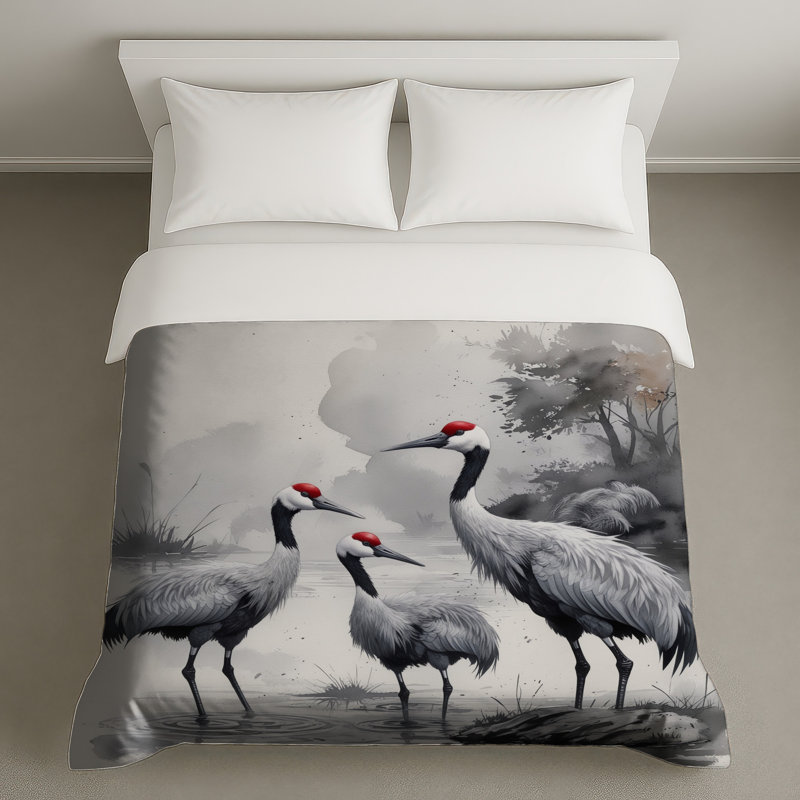 Grues en aquarelle, housses de couette, Lit simple