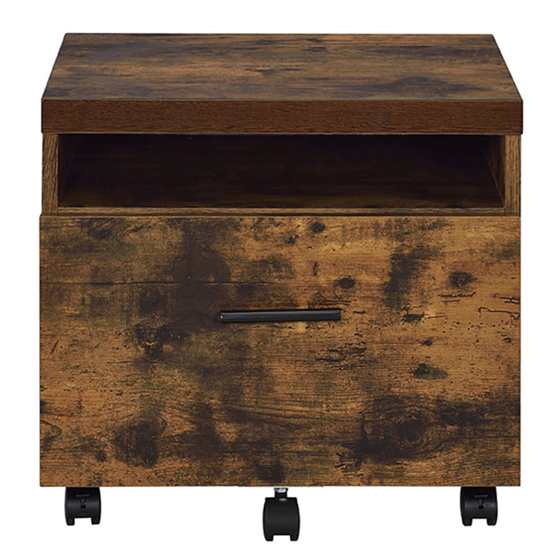 Classeur rustique en chêne vieilli et noir - 1 tiroir de style rustique pour bureau avec tablette ouverte, H 18,5 po x l 19,5 po x P 16,5 po