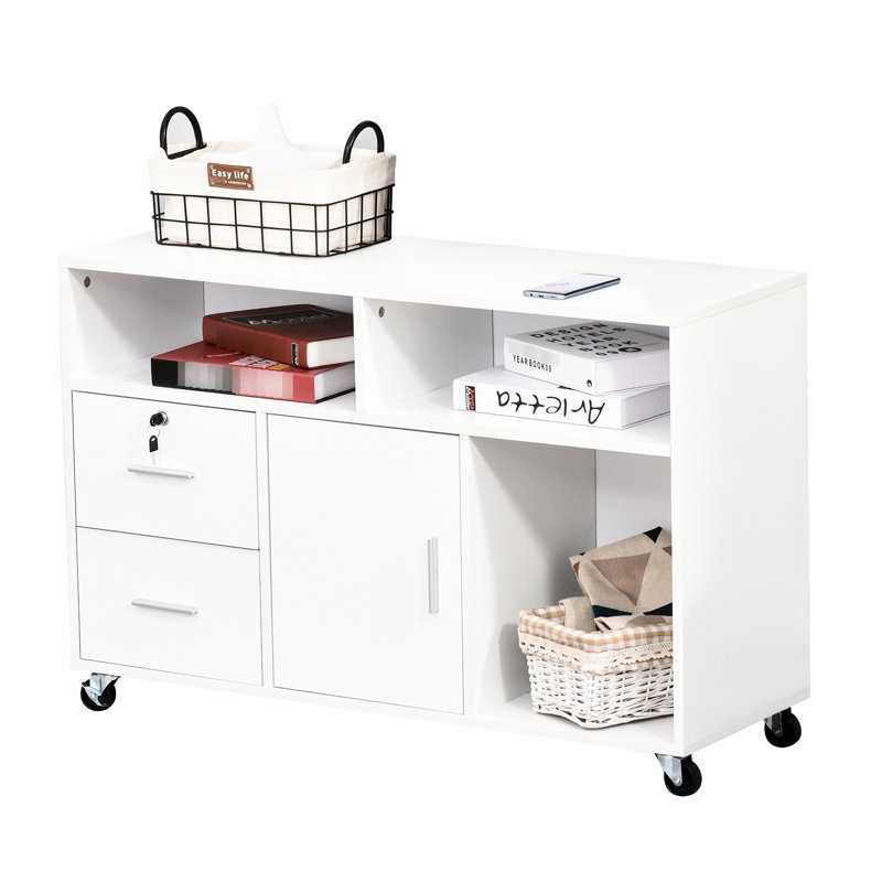 Support d'imprimante de bureau - Armoire mobile blanche avec roulettes, 2 casiers verrouillables, un tiroir et 3 tablettes pour ranger les cahiers de notes
