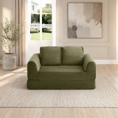 2-in-1 Folding Convertible Sofa Bed, Modern Corduroy Sleeper Couch with 2*pillows, Futon Modular Upholstered Boneless Loveseat with Pull-Out Bed,Folding Floor Modular Couch for Living Room Green