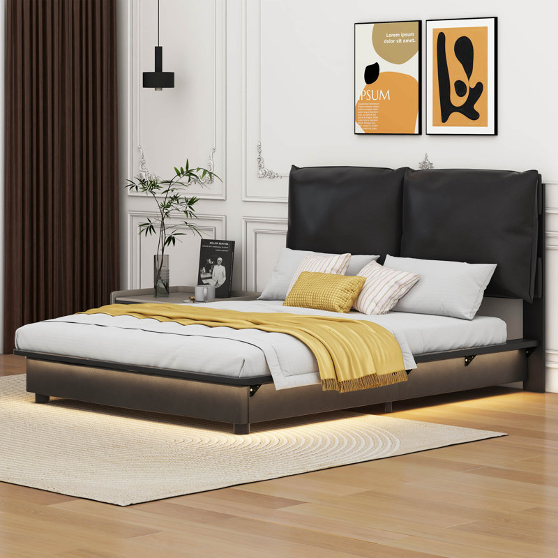 Lit plateforme tapissier Kayri avec capteur de lumière et dossiers, Noir, Grand