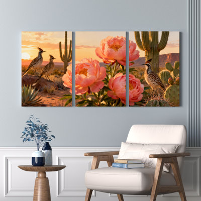 Paysage désertique avec cactus et oiseaux pivoines roses, art floral sur toile tendue sur toile, ensemble de 3