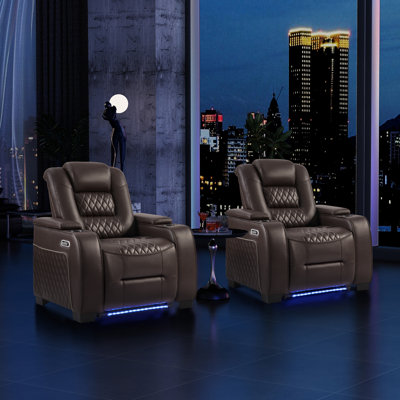 38" Wide Modern Faux Leather Electric Recliner Home Theater Seating With Power Headrest, LED Base Lighting, Cup Holders & USB Charging(Set Of 2)