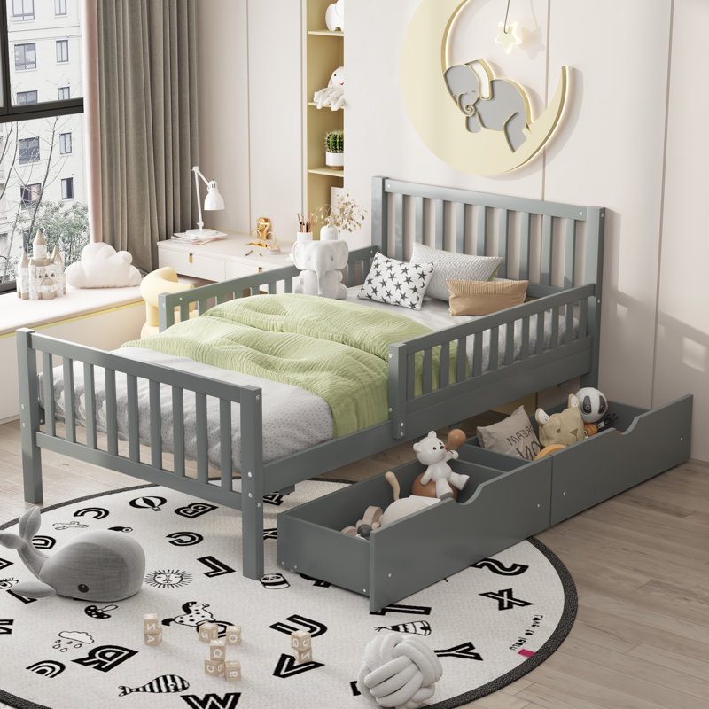 Size Wood Platform Bed With Guardrails On Both Sides And Two Storage Drawers,, Twin