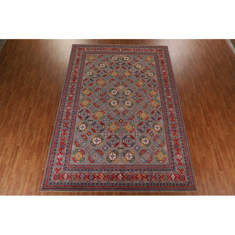 Tapis unique en laine noué à la main 9 pi 9 po x 14 pi 2 po nouvel âge en rouge / gris / jaune