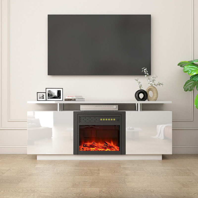 Meuble télé 160 cm ultrabrillant avec foyer, avec changement de couleur de chaleur et de flamme