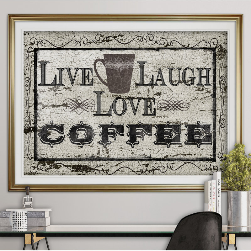 « live, rire, love coffee », reproduction de peinture à l’acrylique encadrée, H 20 po x l 24 po x P 1,5 po, Or
